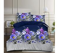 THL 4 Pcs Complete Bedding Set 3D Design Floral Printed Duvet Cover with Fitted Sheet Pillowcases (Blue Purple Flower 356, Double)