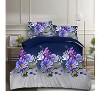 THL 4 Pcs Complete Bedding Set 3D Design Floral Printed Duvet Cover with Fitted Sheet Pillowcases (Blue Purple Flower 356, King)
