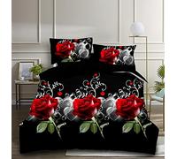 THL 4 Pcs Complete Bedding Set 3D Design Floral Printed Duvet Cover with Fitted Sheet Pillowcases (Red Rose Black Base 359, Double)
