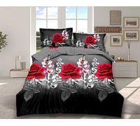 THL 4 Pcs Complete Bedding Set 3D Design Floral Printed Duvet Cover with Fitted Sheet Pillowcases (Red Rose Pink Floral 360, King)