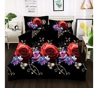 THL 4 Piece Complete Bedding Set 3D Printed Duvet Quilt Cover With Pillowcase Floral Design (316 Black Red, Double)
