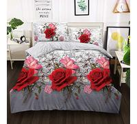 THL 4 Piece Complete Bedding Set 3D Printed Duvet Quilt Cover With Pillowcase Floral Design (319 Grey Red, Double)