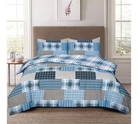 THL 4 Pieces Complete Bedding Set Duvet Quilt Cover Fitted Sheet Pillowcase Poly Cotton (Check Blue, Comp King)