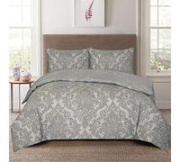 THL 4 Pieces Complete Bedding Set Duvet Quilt Cover Fitted Sheet Pillowcase Poly Cotton (Dmsk Grey Silver, Comp Superking)