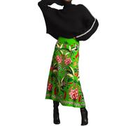 THLAI Womens Skirt Midi Skirt Tropical Plant Print Pink Zipper A-Line Long Skirts Spring Summer Skirt Floral, Green, S