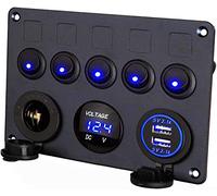 Thlevel 5 Gang Toggle Switch Control Panel Waterproof 12V/24V Car Charger Switch Panel with Dual USB Charger Port Lighter Socket Adapter Digital Voltmeter Display for Boat Vehicle Marine