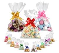 THLO INC Cellophane Bags,100 Pack Clear Cellophane Bags 15x25cm, Repeatable Flat Pockets for Candy Packaging, Cookies, Party Favors with 150pcs Colorful Pull Bows & 100pcs golden Color Ties