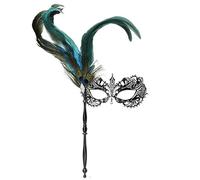 Thmyo Rhinestone Feathers Venetian Halloween Costume Mask with Holding Stick, Venetian Carnival Feather Metal Masquerade Mask for Women