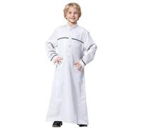 Thobe for Boys Button-Down Muslim Robe Eid Abaya Long Sleeve Stand Collar Loungewear Muslim National Costume Teenage Embroidered Arab Abaya Islamic Clothing for Community Gatherings White