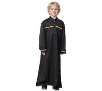 Thobe for Boys Button-Down Muslim Robe Eid Abaya Long Sleeve Stand Collar Loungewear Muslim National Costume Teenage Embroidered Arab Abaya Islamic Clothing for Community Gatherings Black