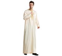 Thobe for Men Islamic Clothes Clothing Caftan Men's Muslim Long Sleeve Striped Robe Gown Arab Kaftan Abayas Dress Middle East Dubai Ramadan Tunic Mens Tan Beige #2 M