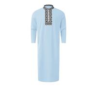 Thobe for Men Long Sleeve Islamic Lounge Abaya Robes Casual Solid Colour Striped Collar Long Gown Loungewear for Men Ultra Long Mens Kaftan Muslim Long Skirt Skin-Friendly Mens Kaftan Robe Blue