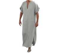 Thobe For Men Muslim Robes Lightweight Breathable Cotton Linen Kaftan With Deep Split Hem Casual Abaya Style Short Sleeve Jubba For Daily & Prayer Wear