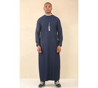 Men's Thobe Jubba Nehru Round Collar Islamic Clothing Muslim Kaftan Embroidery Eid Robe Saudi - Navy 60