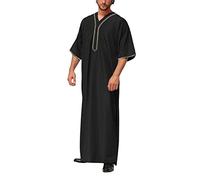 Thobe Medieval Clothing Men's Linen Robe Short Sleeve Long Arabic Men's Clothing Nightdress Oversize Muslim Prayer Clothing Islamic Clothing Lightweight Elegant Kaftan Abaya Black