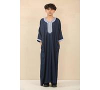Thobez Boy's Elegant Moroccan Thobe Short Sleeve Gandoura Embroidery Kaftan in Navy | Size: 13-14 Years Thobez Navy 13-14 Years