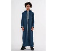 Thobez Boy's HM3 Moroccan Thobe Hooded Djellaba Embroidery Kaftan Eid Robe in Blue | Size: 11-12 Years Thobez Blue 11-12 Years