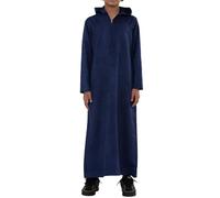 Thobez Boy's Hooded Suede Thobe Emirati Omani Zipped Jubba Islamic Clothing Kaftan Eid Robe - Navy 46