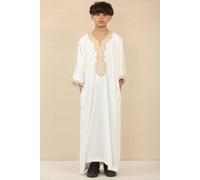 Thobez Boy's Moroccan Thobe Gandoura Short Sleeve Jubba Islamic Clothing Kaftan Eid Robe Arab in White | Size: 12-13 Years Thobez White 12-13 Years