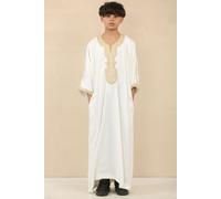 Thobez Boy's Moroccan Thobe Gandoura Short Sleeve Jubba Islamic Clothing Kaftan Eid Robe Arab in White | Size: 6-7 Years Thobez White 6-7 Years