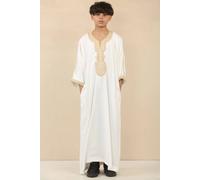 Thobez Boy's Moroccan Thobe Short Sleeve Gandoura Embroidery Jubba in White | Size: 12-13 Years Thobez White 12-13 Years