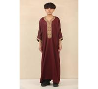 Thobez Boy's Moroccan Thobe Short Sleeve Gandoura Embroidery Kaftan Eid Ramadan in Maroon | Size: 11-12 Years Thobez Maroon 11-12 Years