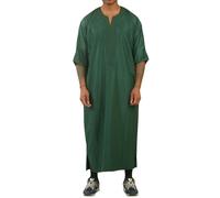 Men's Moroccan Thobe Gandoura Short Sleeve Jubba Kaftan Eid Robe Arab Embroidery - Green 62