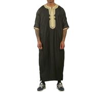 Moroccan Thobe Gandoura Short Sleeve Jubba Islamic Clothing Kaftan Eid Robe Arab Embroidery Thobez Gold 58R