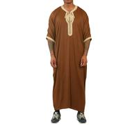Thobez HM60 - Men's Moroccan Thobe Short Sleeve Embroidery Gandoura - Brown - 54