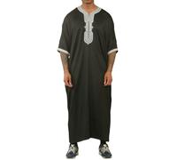 Thobez HM62 - Men's Moroccan Thobe Short Sleeve Embroidery Gandoura - Black - 54