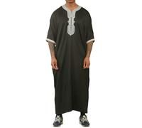 Thobez HM62 - Men's Moroccan Thobe Short Sleeve Embroidery Gandoura - Black - 56