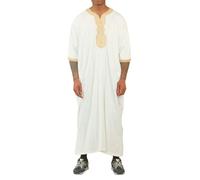 Thobez HM62 - Men's Moroccan Thobe Short Sleeve Embroidery Gandoura - White - 52