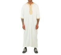 Thobez HM62 - Men's Moroccan Thobe Short Sleeve Embroidery Gandoura - White - 56