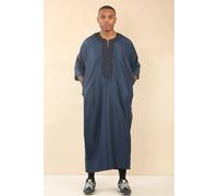 Thobez Men's Moroccan Thobe Gandoura Short Sleeve Jubba Islamic Clothing Kaftan Eid Robe Arab Embroidery in Navy | Size: 62R Thobez Navy 62R