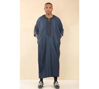 Thobez Men's Moroccan Thobe Gandoura Short Sleeve Jubba Islamic Clothing Kaftan Eid Robe Arab Embroidery in Navy | Size: 58R Thobez Navy 58R
