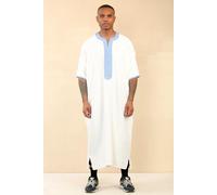 Thobez Men's Moroccan Thobe Gandoura Short Sleeve Jubba Kaftan Eid Robe Arab Embroidery in White | Size: 56R Thobez White 56R