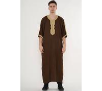 Thobez Men's Moroccan Thobe Half Sleeve Gandoura Embroidery Kaftan Eid Ramadan in Brown | Size: 56R Thobez Brown 56R