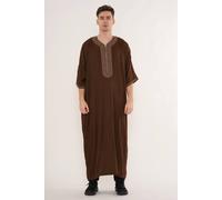 Thobez Men's Moroccan Thobe Half Sleeve Gandoura Embroidery Kaftan Eid Ramadan in Dark Brown | Size: 52R Thobez Dark Brown 52R