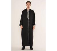 Thobez Men's Moroccan Thobe Hooded Djellaba Gandoura Embroidery Kaftan Eid Robe in Black | Size: 56R Thobez Black 56R