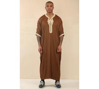 Men's Moroccan Thobe Short Sleeve Gandoura Embroidery Kaftan - Brown Gold 56