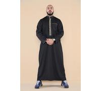 Thobez Men's Thobe Jubba Nehru Islamic Clothing Muslim Cotton Kaftan Embroidery Eid Robe - Black - Medium