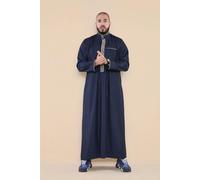 Thobez Men's Thobe Jubba Nehru Islamic Clothing Muslim Cotton Kaftan Embroidery Eid Robe - Navy - Large
