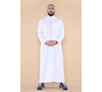 Thobez Men's Thobe Jubba Nehru Islamic Clothing Muslim Cotton Kaftan Embroidery Eid Robe - White - X-Large