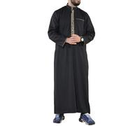 Mens Thobe Jubba Nehru Stand Collar Islamic Clothing Muslim Cotton Kaftan Embroidery Eid Robe Saudi - Black L - 56