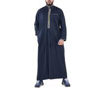 Mens Thobe Jubba Nehru Stand Collar Islamic Clothing Muslim Cotton Kaftan Embroidery Eid Robe Saudi - Navy M - 54