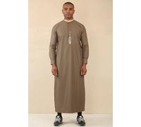 Thobez Men's Thobe Jubba Nehru Round Collar Islamic Clothing Muslim Kaftan Embroidery Eid Robe Saudi in Brown | Size: 58R Thobez Brown 58R