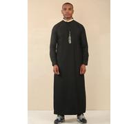 Thobez Men's Thobe Jubba Nehru Round Collar Islamic Clothing Muslim Kaftan Embroidery Eid Robe Saudi in Black | Size: 54R Thobez Black 54R