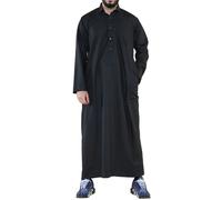 Thobez Men's Thobe Jubba Turn Down Collar Islamic Muslim Cotton Kaftan Dress Robe Arabic - Medium - Black
