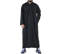 Thobez Men's Thobe Jubba Turn Down Collar Islamic Muslim Cotton Kaftan Dress Robe Arabic - X-Large - Black