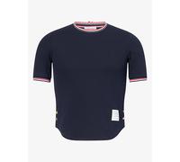 Thom Browne Womens Thom Browne Contrast-Stripe Trims Cotton Piqué Top Navy 8